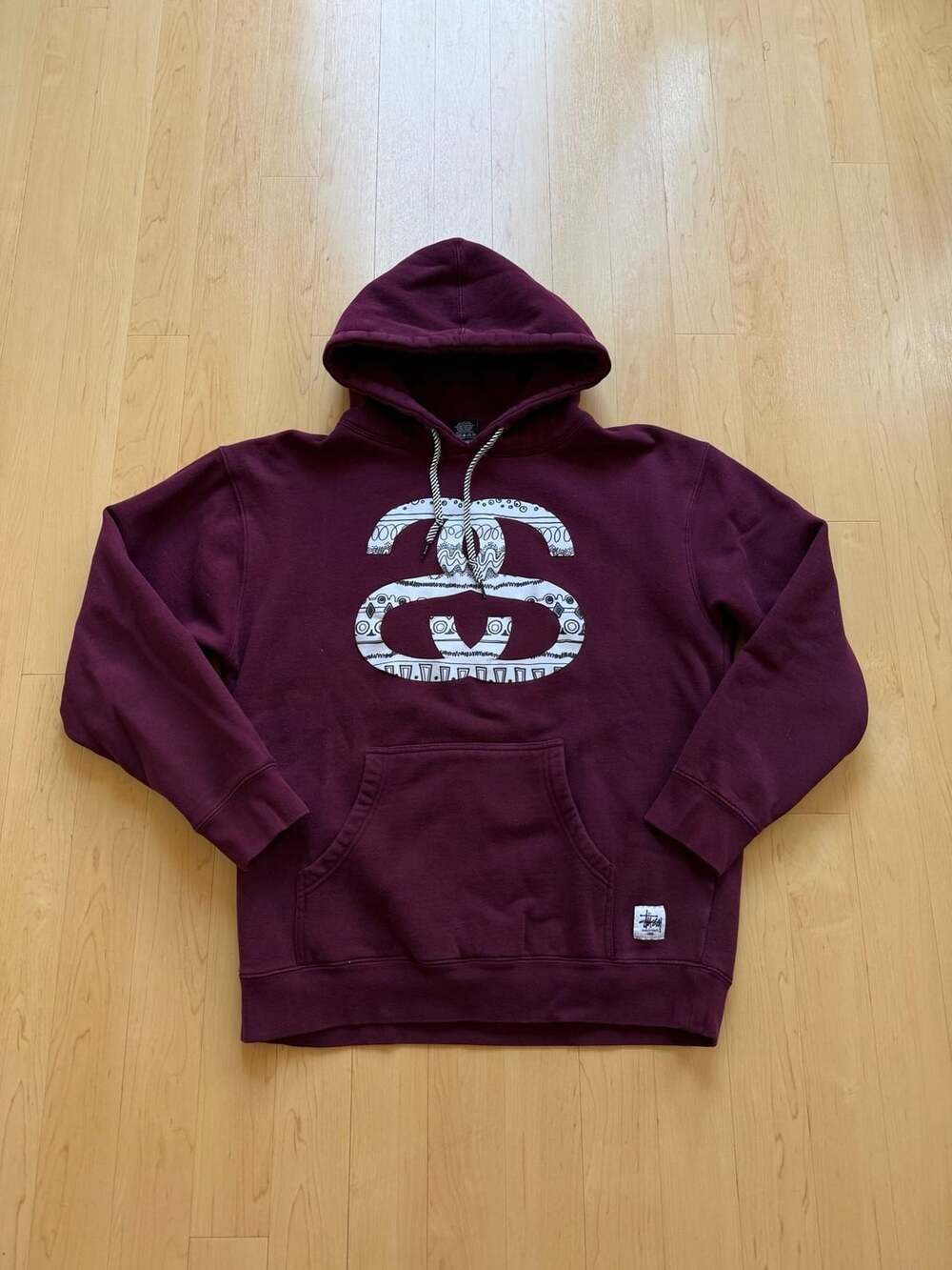 Y2K Stussy Graphic Print Hoodie Large Burgundy